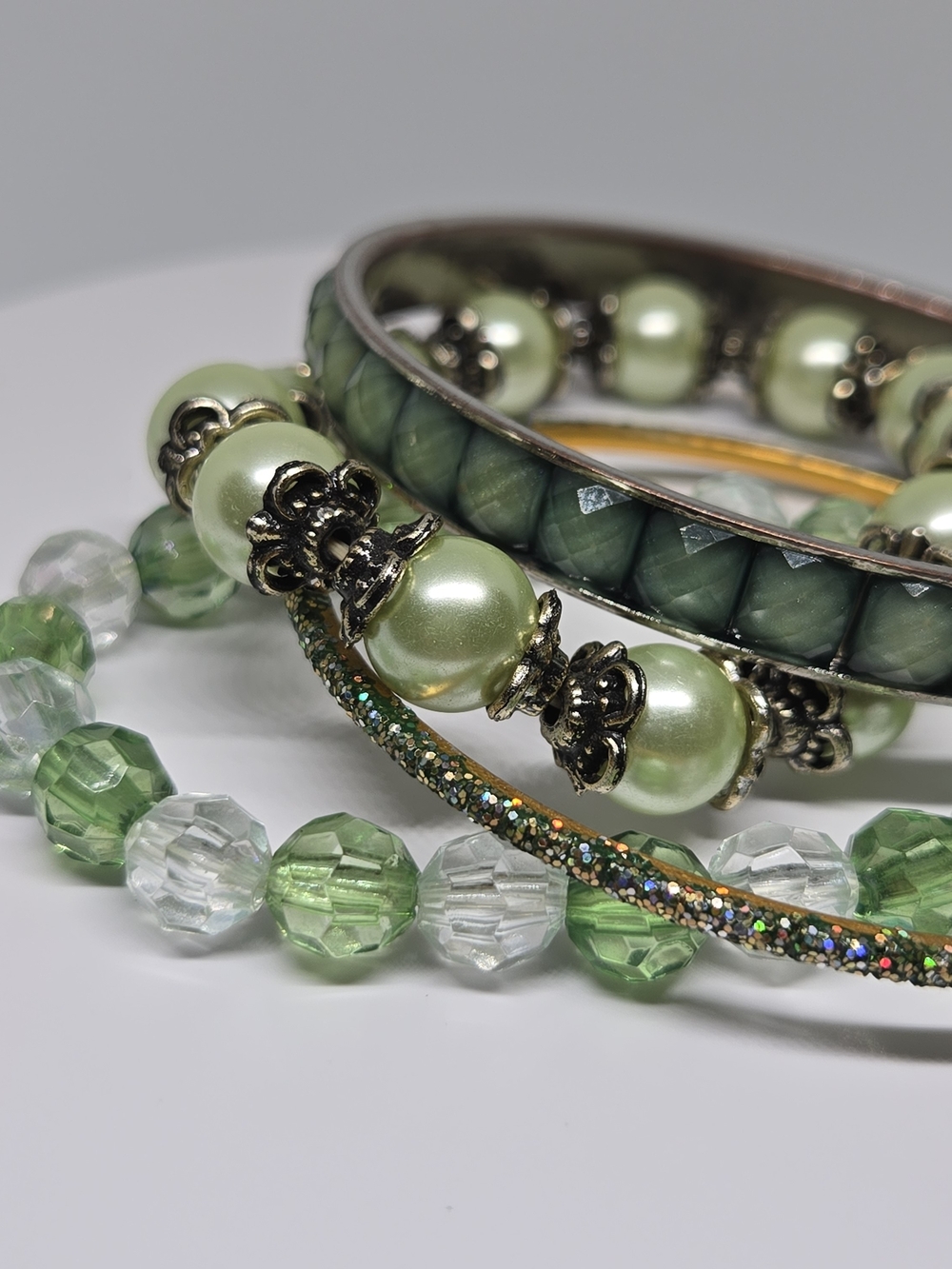 Green Pearl and Beaded Stackable Bracelet - Set Of 4